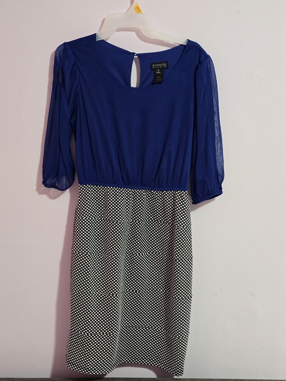 Enfocus Studio Royal Blue Bodice with Black & White Polka Dot Skirt Dress